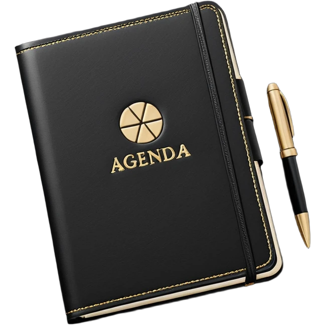 A closed black Moleskine notebook with 'AGENDA' embossed on the cover, professional meeting planner emoji
