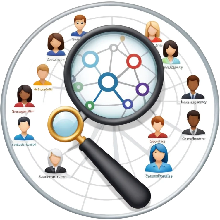 An icon featuring a group of diverse people, a social network diagram, and a magnifying glass, symbolizing sociology. The design includes charts and interconnected lines, representing the study of societies, relationships, and social behavior. Transparent background highlights social analysis. emoji