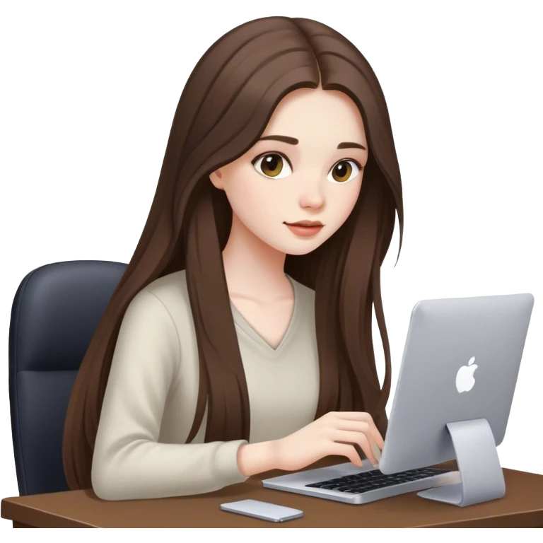 beautiful pale brunette girl with long hair editing photos on her computer  emoji