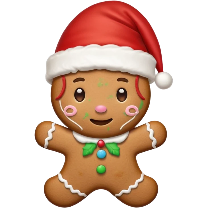 A cute gingerbread cookie with a face and a Santa hat emoji