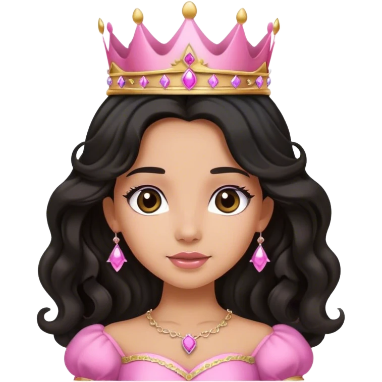 Very very tanned princess, with long black wavy hair and crown and an pink princess outfit with a cute pose emoji