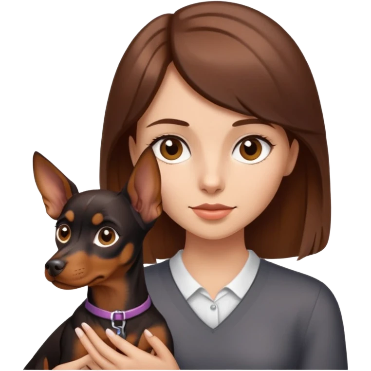 a girl with brown hair in a side part, brown eyes, holding a mini doberman pincher emoji