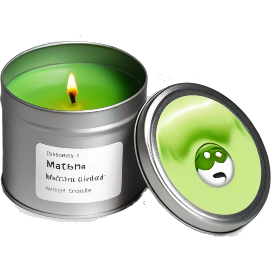 minimal matcha scented lit candle in small silver tin with realistic label emoji