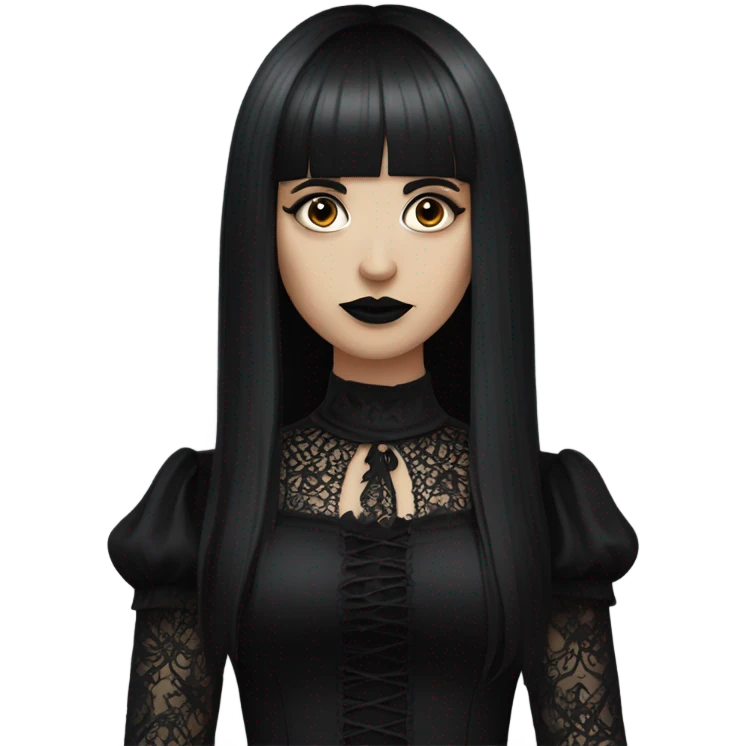 one single goth women, dark hair, long hair, short bangs, dark makeup, gothic detailed dress emoji
