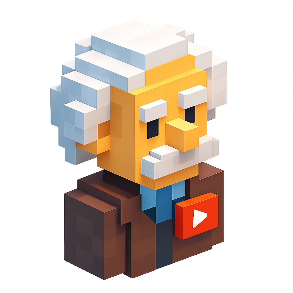 voxel style Albert Einstein with a YouTube play button pin on his jacket, isometric view emoji