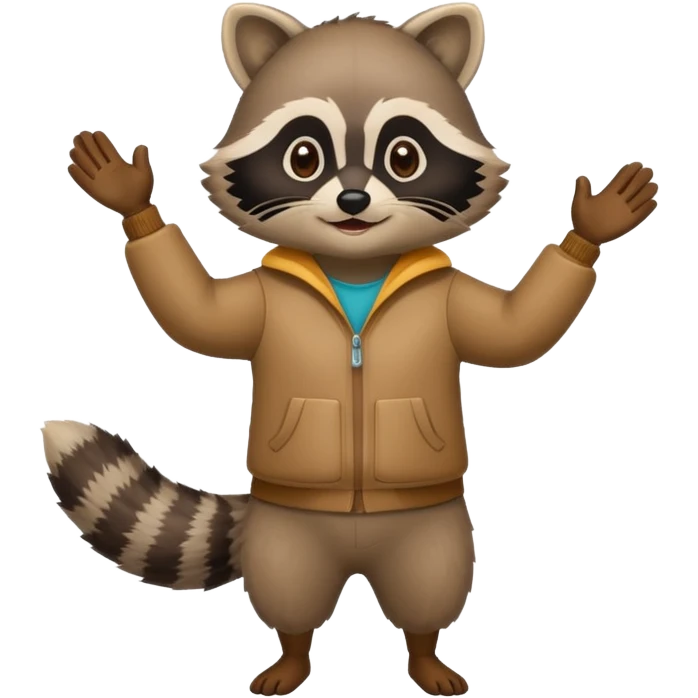 a full body raccoon celebrating hands up wearing fun outfit emoji
