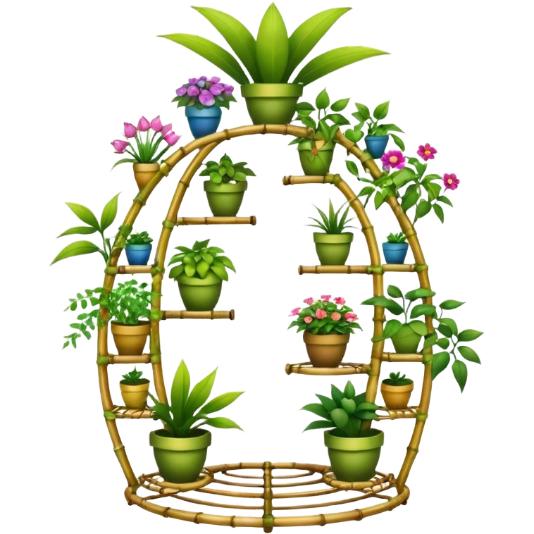 Very Large alien-futuristic multi-tier multi-level curved plant rack, which holds thirty-five plants, constructed from 7/8ths of an inch thin vining bamboo poles  emoji
