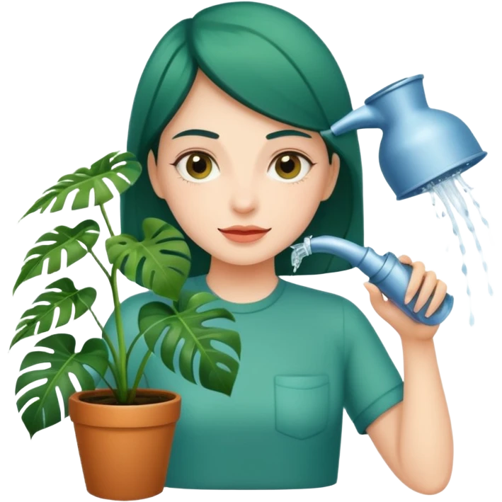 woman watering her monstera plant emoji