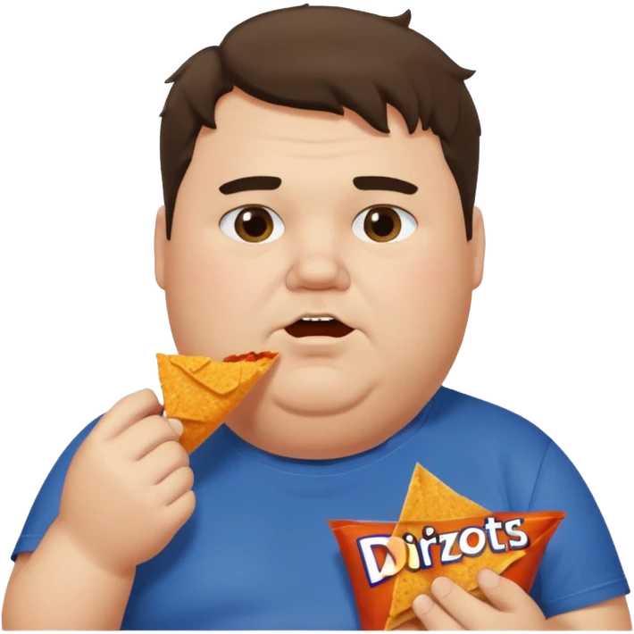 Fat man with greasy hair side part discord t shirt eating doritos emoji