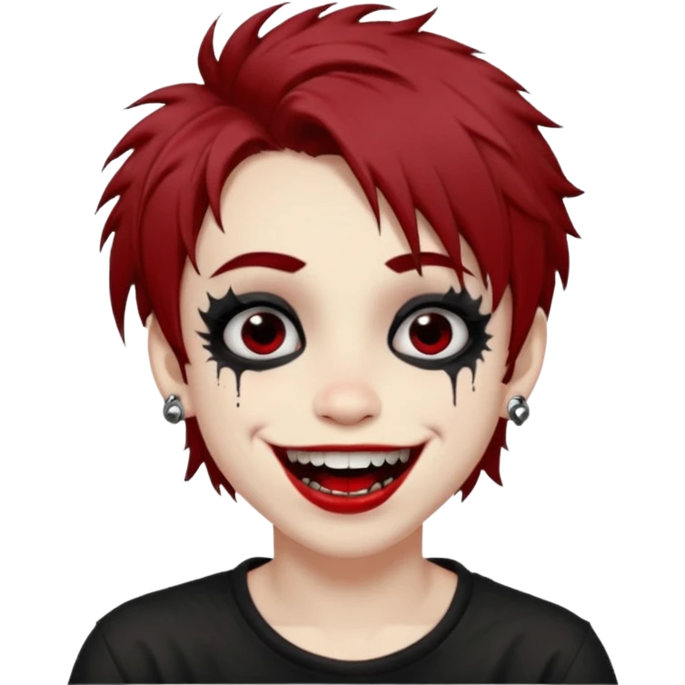 Laughing pale Goth boy with piercings, with shaggy brown hair, and messy black eyeliner , smudged, red, lipstick  emoji