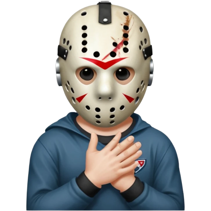 Jason Voorhees, looking cute, with his hands clasped in front of him, at a sideways angle, looks like he is in love emoji