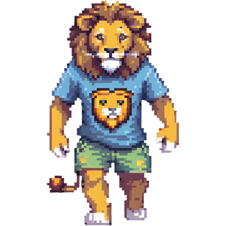retro 1950s anthropomorphised lion in a t-shirt and shorts, walking emoji