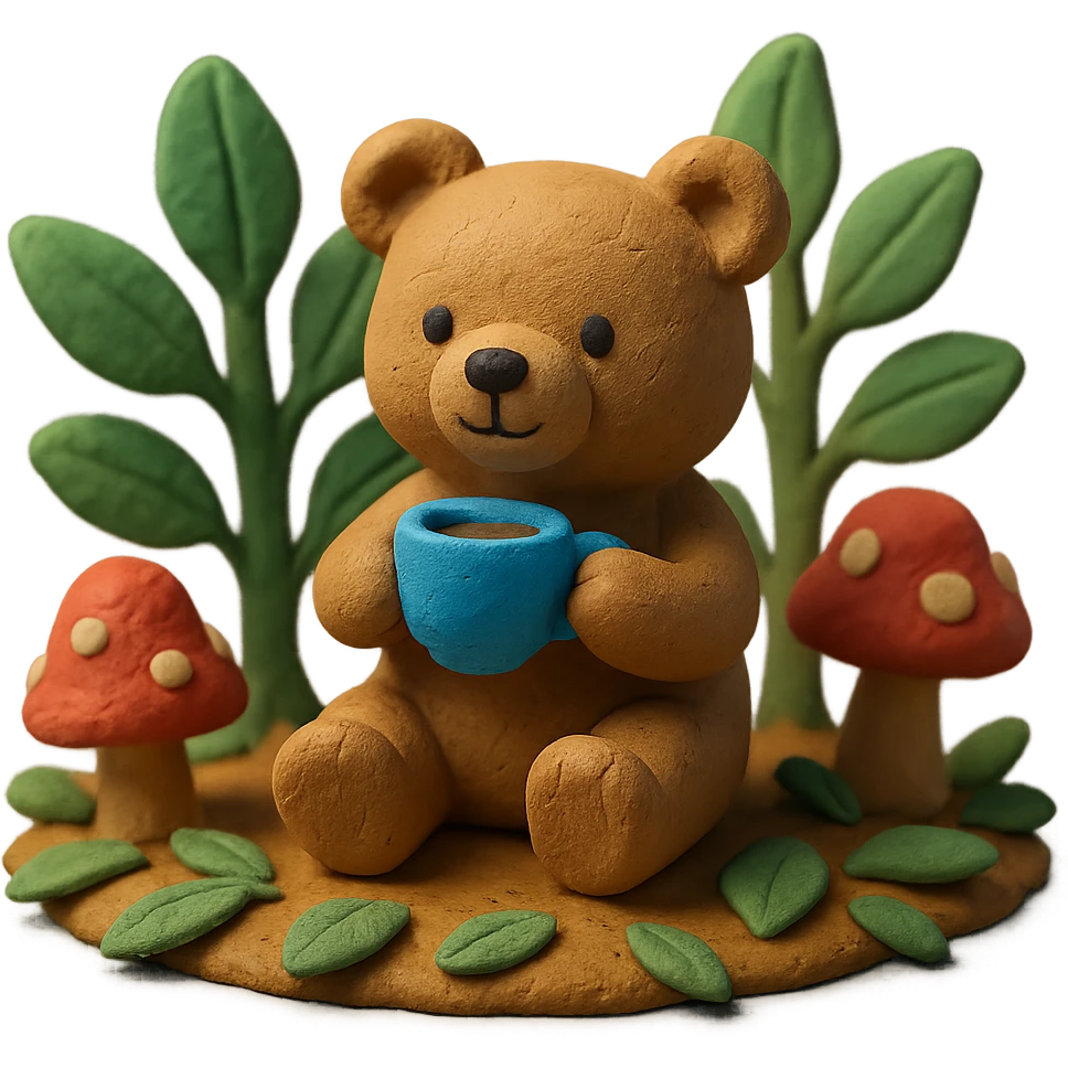 little bear sipping tea in the forest, surrounded by leaves and mushrooms, claymation style emoji