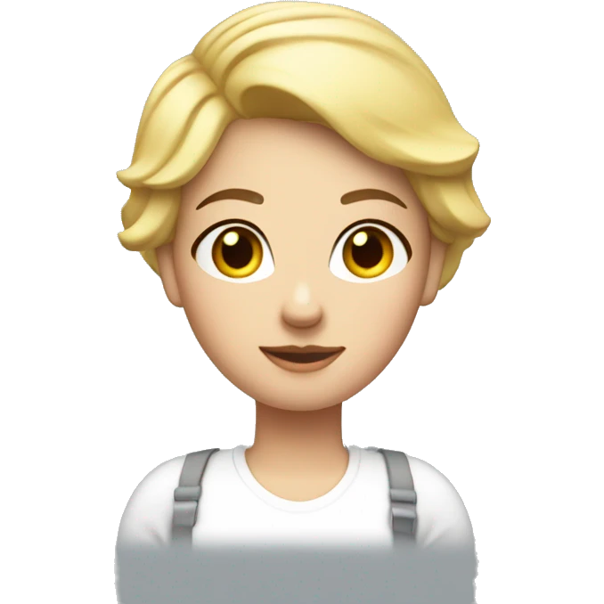 Blond short hair woman with curvy body. White shirt and jeans. Construction helmet on hands emoji