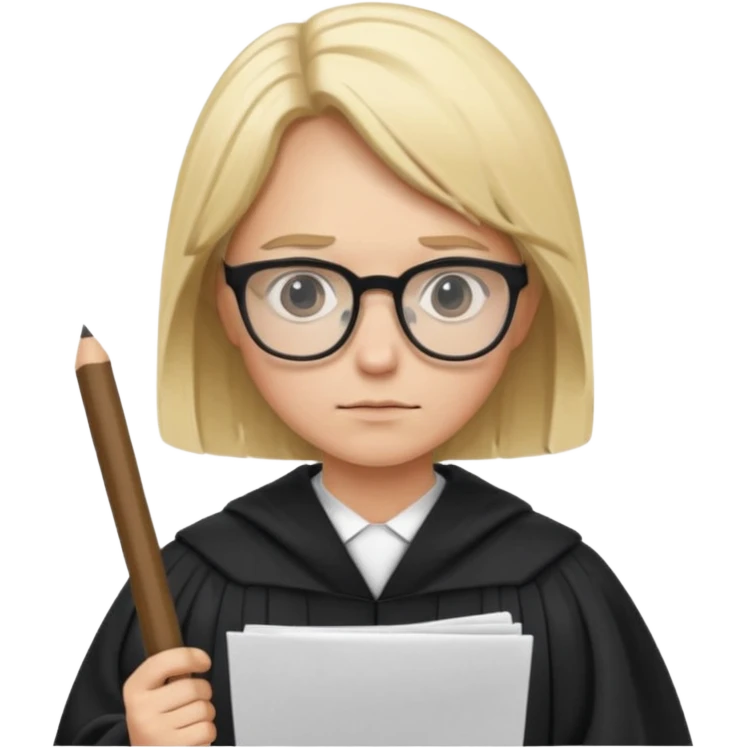 Young judge, blonde hair with glasses and robe, hold a paper emoji