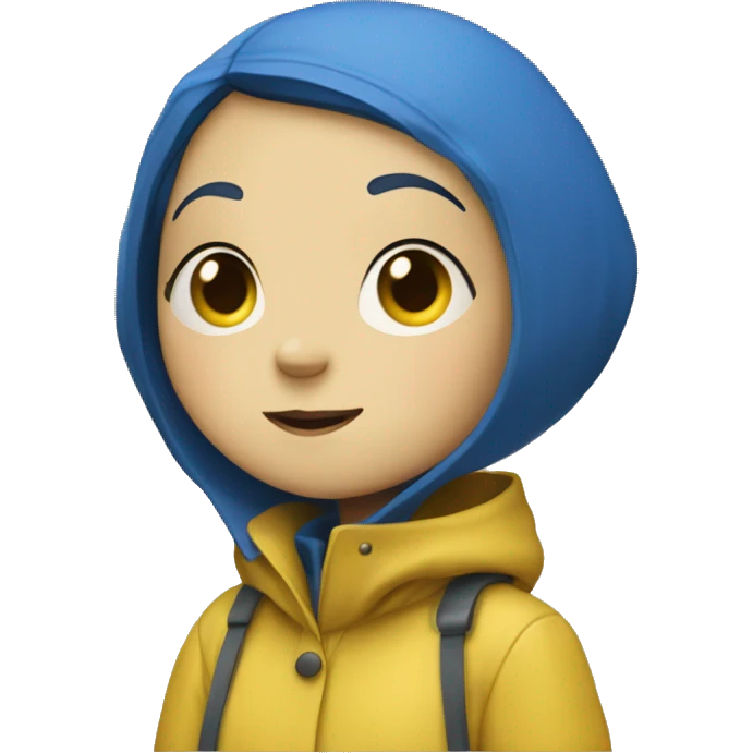 coraline girl with short blue hair and yellow raincoat emoji