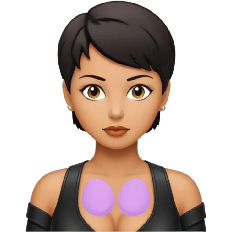 Woman in black leather very short hair cleavage dom  emoji