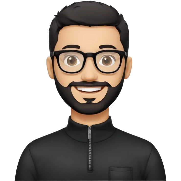 Light-skinned man with very short black hair, short salt and pepper beard, big black glasses frames, happy smile, black long sleeve zip-neck shirt emoji