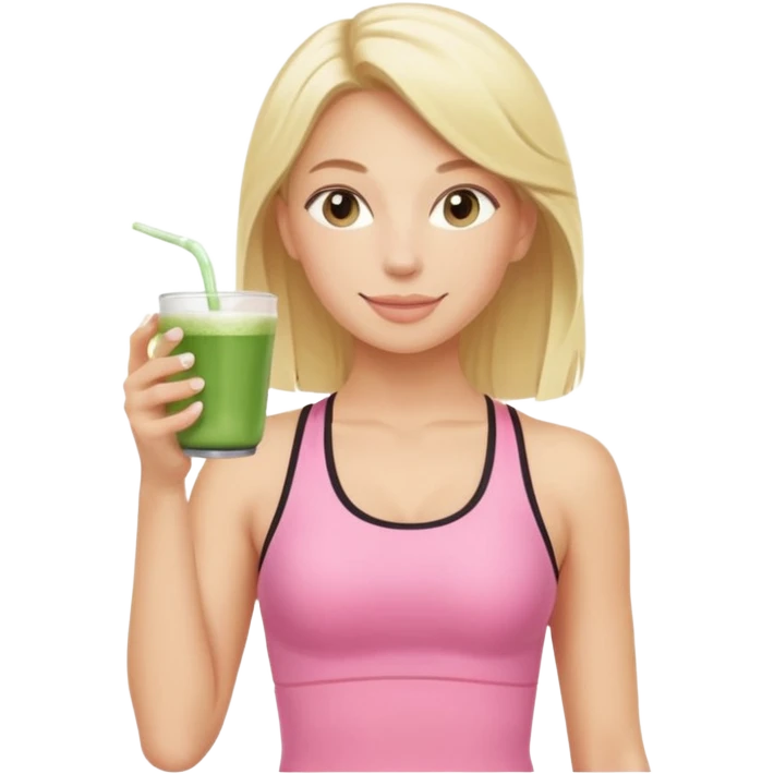 blonde pilates instructor in pink drinking matcha emoji