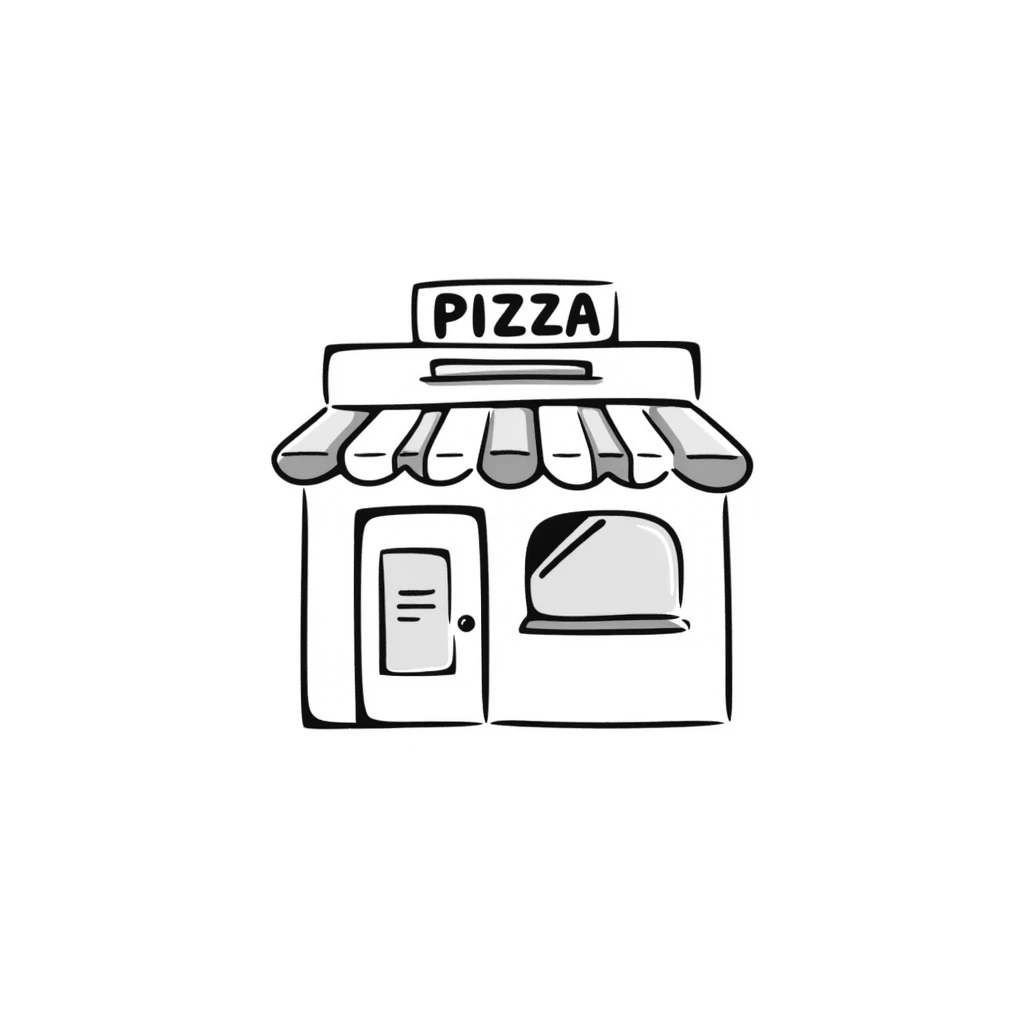 doodle style Italian restaurant, hand-drawn, simple lines, pizza sign emoji