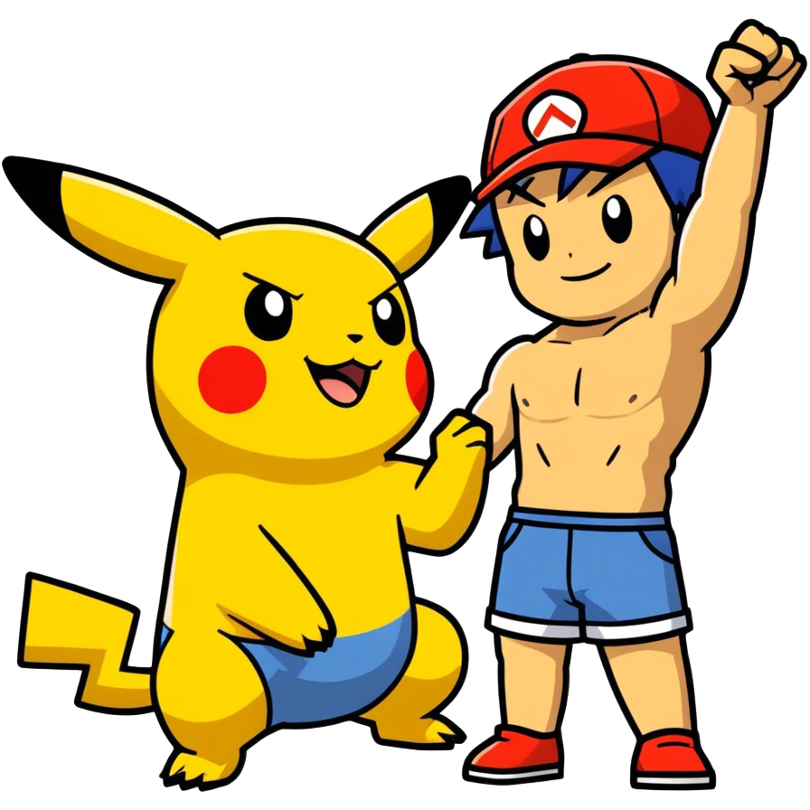 Hot handsomeb muscular 6ft 5inch tall smiling happy fun shirtless Ash Ketchum and friends, one fist raised in celebration the other hand on the front of  his thigh Pikachu on the floor looking up emoji
