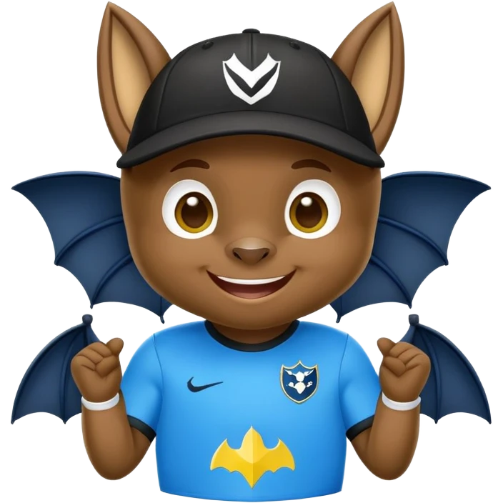 Cheeky little bat mascot for FC Rostov football club, wearing black goalkeeper cap like Lev Yashin, in yellow and blue team colors, mischievous expression, cute bat with big smile emoji