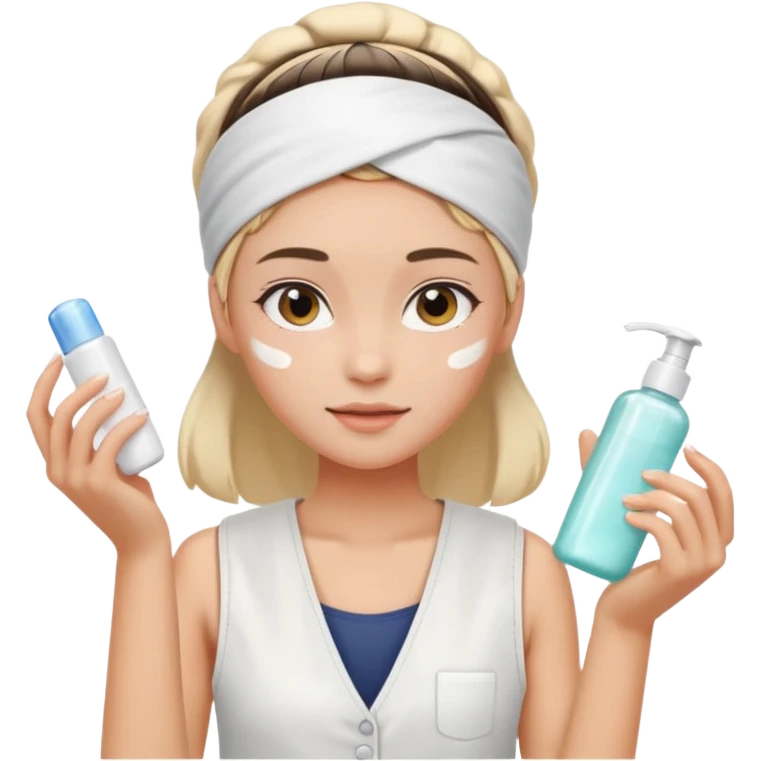 Clean girl aesthetic emoticons, apply skincare products, headband, glowing skin, white vest, soft lighting emoji