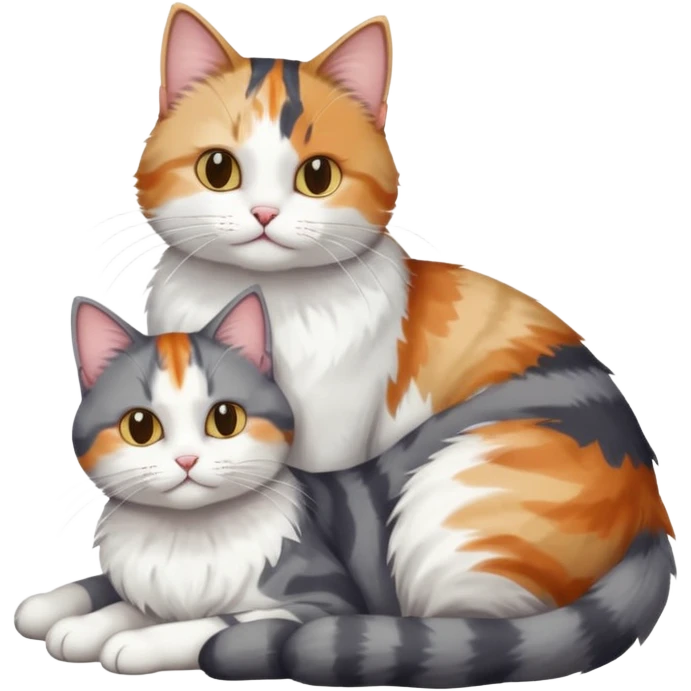 full body colourful light patched calico + white tabby cat cuddling a large grey and white cat  emoji