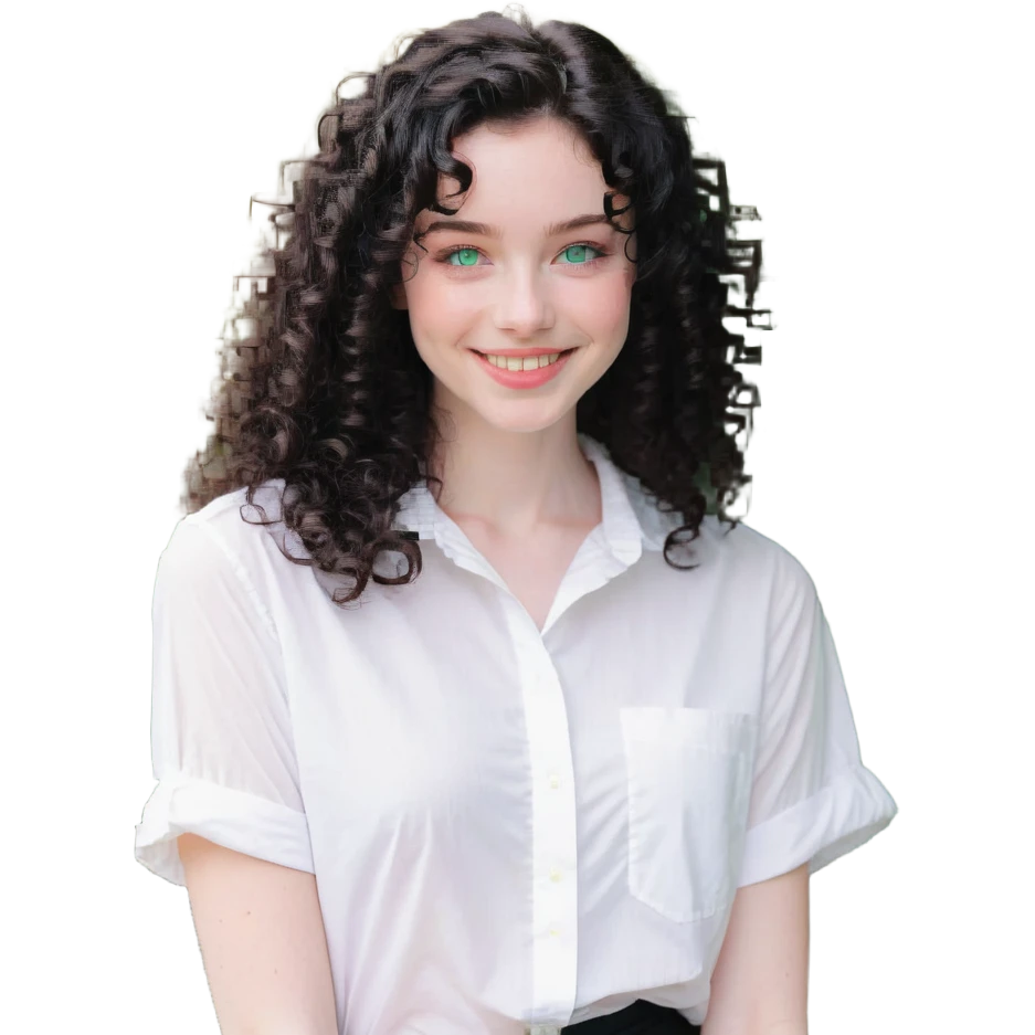 girl with thick dark black wavy curly hair almond green eyes pale skin smiling wearing white shirt emoji