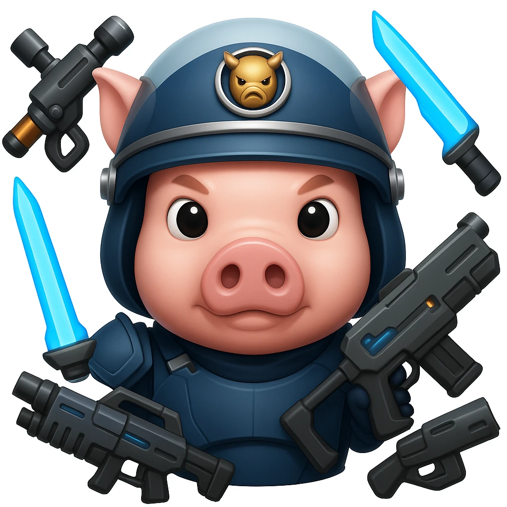 Add more sci-fi weapons to the pig Helldiver, such as futuristic rifles, energy swords, or grenade launchers, in the style of emoji (apple style emojis). emoji