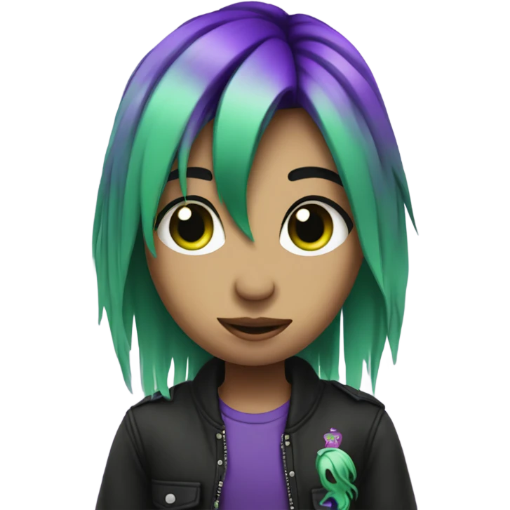 Emo baddie with green and purple hair putting up the peace sign emoji