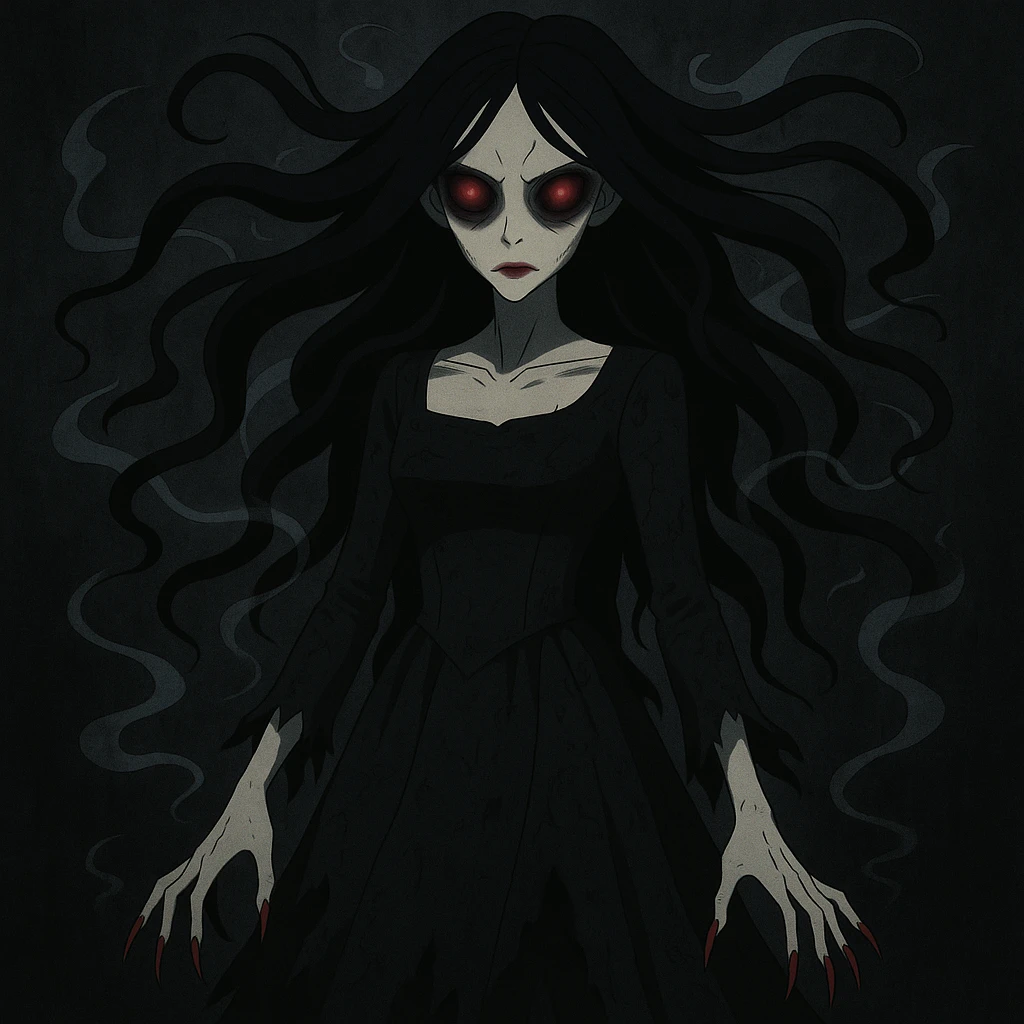 Make the beautiful scary girl much scarier by adding disturbing supernatural features and intensifying the horror while keeping her haunting beauty in a gothic horror style. emoji