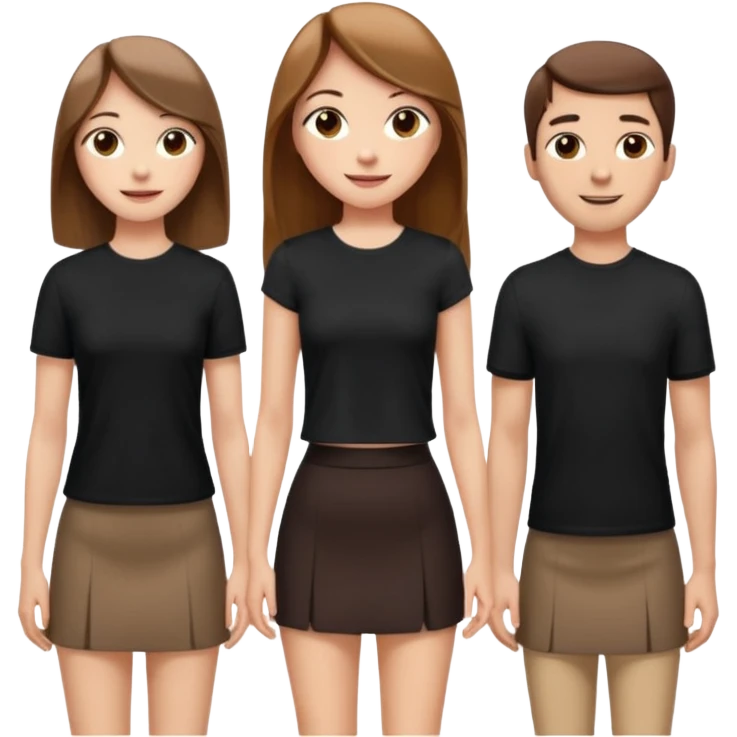 emoji of a girl with long, straight light brown hair, fair skin, soft brown eyes. Wearing a stylish black top and mini skirt. Full-height, standing confidently with shoulders back, head up, smiling proudly. Surrounded by 3men and one woman next to her, looking at her with admiration. emoji