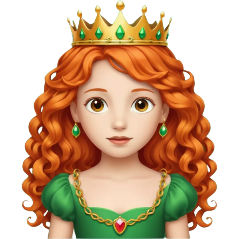 girl kid, Princess with long curly red orange hair, green dress, small crown emoji