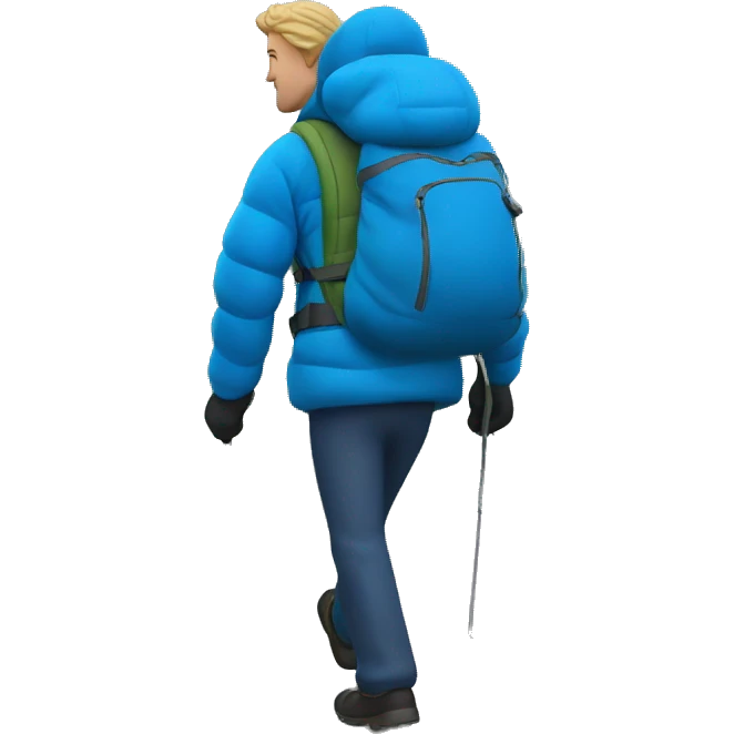 A man hiking up a hill with a bag on and a blue puffer coat  emoji