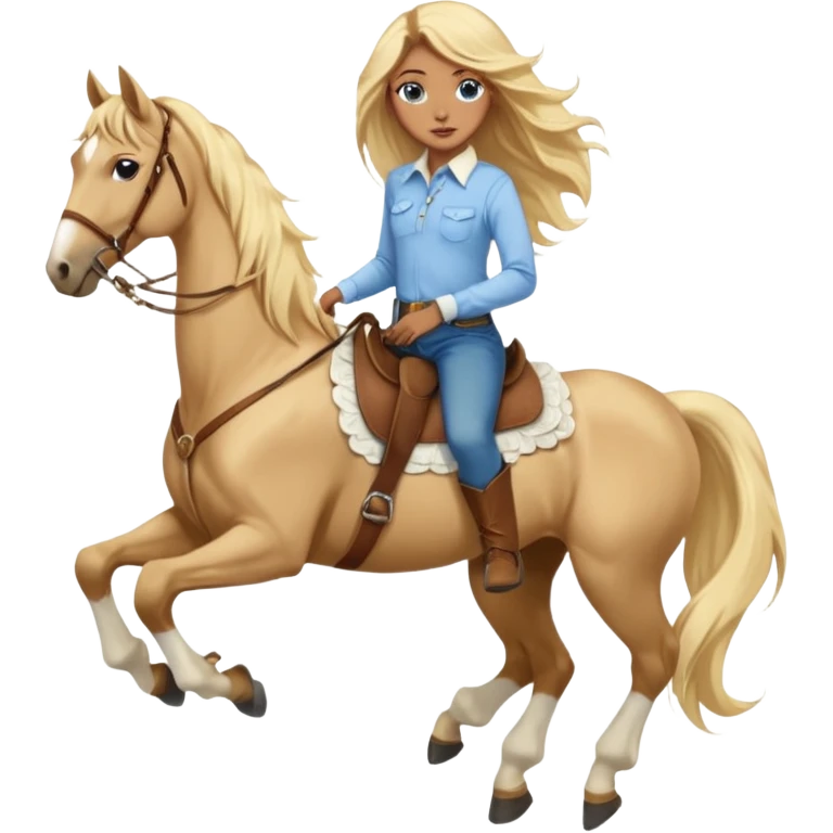 Brown girl with blue eyes and very, very long blonde/gold hair that’s blowing in the wind wearing a cream colored collared long sleeve shirt and jeans with brown boots on top of a brown horse, don’t show it’s legs  emoji