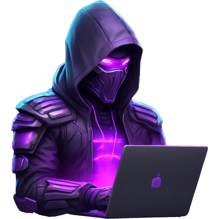 Side view developer behind his laptop with this style : crysis Cyberpunk Valorant neon glowing bright purple character purple violet black hooded assassin themed character emoji