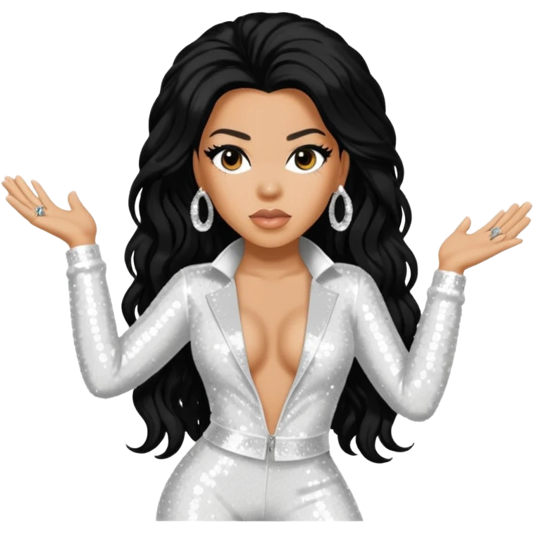Keyshia Cole with long black hair, white sequin outfit emoji