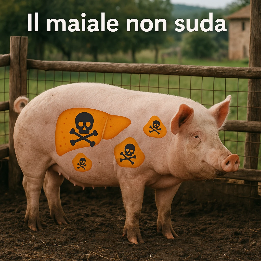 pig in a pen with toxin symbols accumulating in liver and tissues, no sweat traces, rural environment, Italian text: 'Il maiale non suda', 4K quality emoji