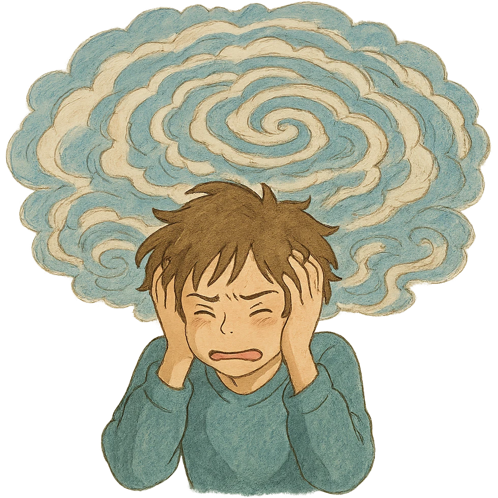 person holding head overwhelmed by swirling thoughts in ghibli style emoji