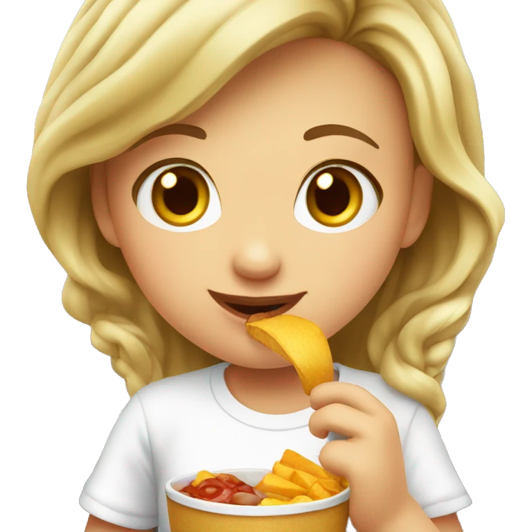 girl in white T-shirt enjoying food and drink. She is Russian girl. emoji