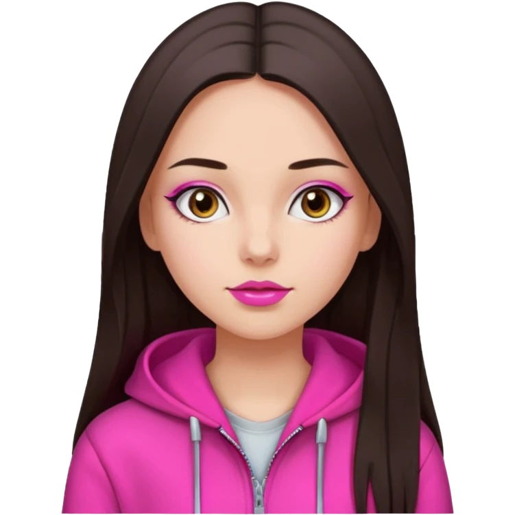 generate a pretty fair bratz girl with dark brown eyes, dark brown hair straight long. Wearing a hot pink zipper hoodie, pink lipgloss emoji