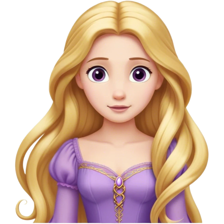 Cinematic Elegant Rapunzel Portrait Emoji, rendered in a realistic, vector-style with minimal shading and bold, simplified shapes. Depict Rapunzel (chest and above) with fair, porcelain skin, long, flowing golden hair cascading gracefully, and soft, gentle eyes, wearing her iconic light purple gown. The image glows with a soft, enchanting radiance and high shine, capturing timeless fairy-tale beauty. emoji