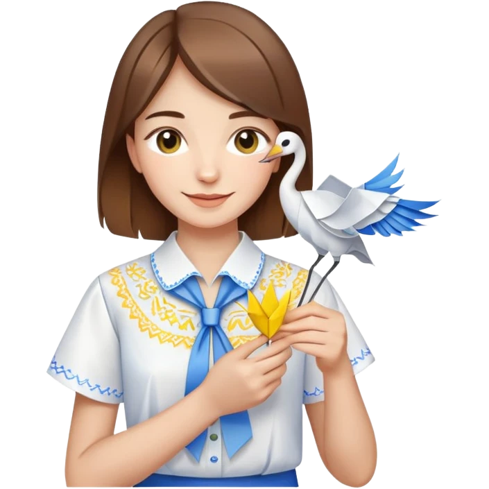 Happy Ukrainian young girl with brown hair in a white embroidered shirt holds an origami yellow and blue crane emoji