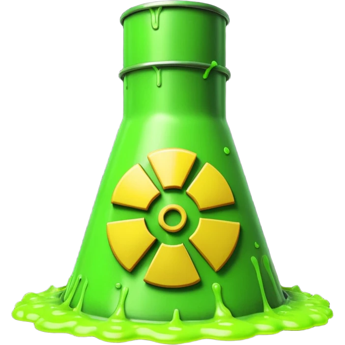 3D render of Nuclear Smokestack, toxic waste aesthetic, neon green bubbling liquid, caution yellow metal, industrial warning texture. emoji