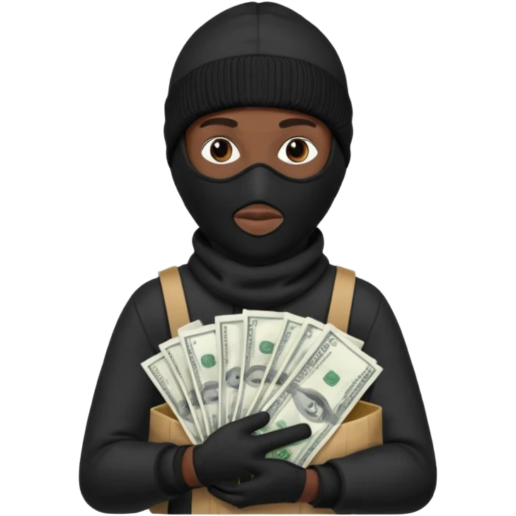 Black Ski mask holding bags of money with  skin color black emoji