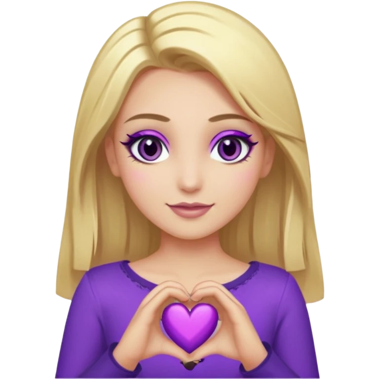 twitch emote, kinda chibi style. blonde hair: long, straight, no bangs. gray eyes. an eyebrow with a slit. purple eyeshadow/eyeliner with gold eyeshadow. only face and arms, hands visible. happy, holding a purple heart. white background. emoji