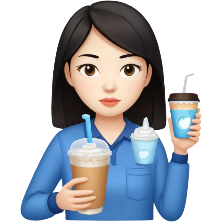 컴퓨터 작업 중 + 아이스 아메리카노(테이크아웃 잔)링거 + 다크서클 + 검은머리 동양인 여성 emoji