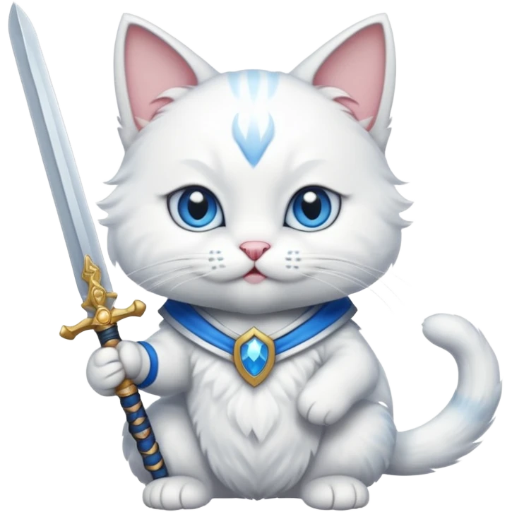 un gato blanco con una espada en cada mano y una en la boca emoji