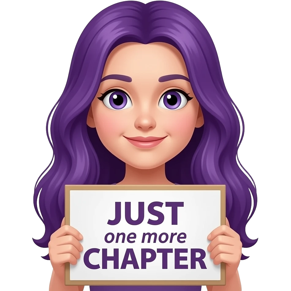 girl with long purple hair holding a JUST one more CHAPTER sign emoji